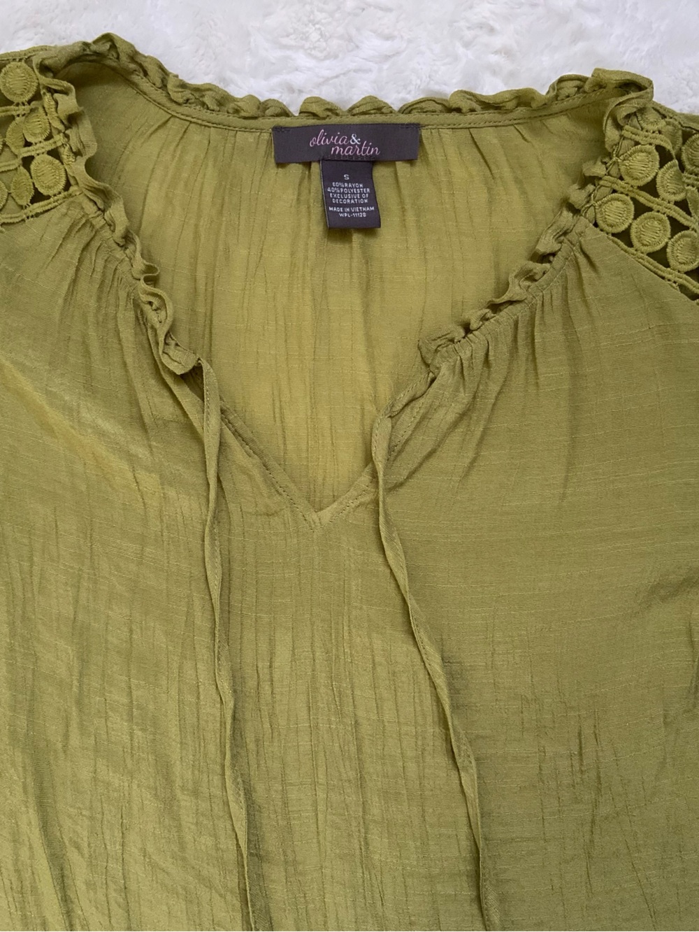 Olivia & Martin Olive Green V-Neck Tunic with Crochet Shoulders